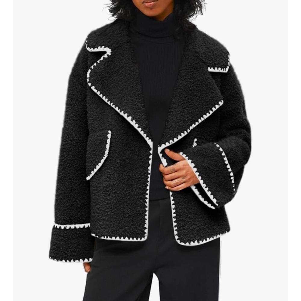 CHOUYATOU • Sherpa Fleece Jacket Casual Collar Fuzzy Coat Contrast Trims - Picture 5 of 7